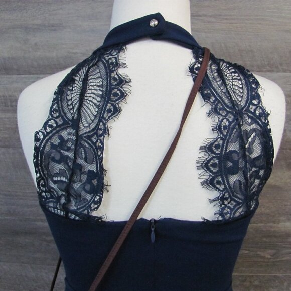 LULUS NAVY BLUE SKATER DRESS EYELASH LACE TRIM - Picture 4 of 10